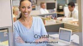  Presentation with five business people standing together and smiling - Audience pleasing PPT theme consisting of cubicles - businesswoman standing in cubicle smiling backdrop and a light blue colored foreground