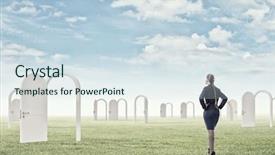  Presentation with decision making - Theme having businesswoman standing in front of opened doors and making decision background and a sky blue colored foreground