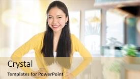  Presentation with asian foods - Cool new PPT layouts with businesswoman standing in her chain backdrop and a yellow colored foreground