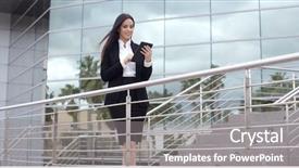  Presentation with standing on scooter - Cool new presentation theme with businesswoman standing on a concourse backdrop and a gray colored foreground