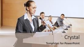  Presentation with audience - PPT layouts having businesswoman standing on stage and reporting for audience background and a mint green colored foreground