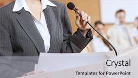  Presentation with audience - Presentation theme consisting of businesswoman standing on stage and reporting for audience background and a light blue colored foreground