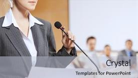  Presentation with audience - Audience pleasing slide deck consisting of businesswoman standing on stage and reporting for audience backdrop and a light blue colored foreground