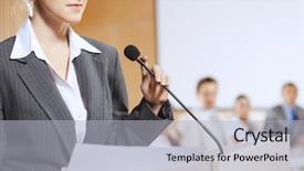  Presentation with audience - Presentation theme featuring businesswoman standing on stage and reporting for audience background and a light gray colored foreground