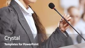  Presentation with audience - Colorful slides enhanced with businesswoman standing on stage and reporting for audience backdrop and a dark gray colored foreground