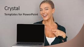  Presentation with laptop blank screen - Theme consisting of businesswoman standing over gray background background and a  colored foreground