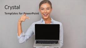  Presentation with laptop blank screen - Slides featuring businesswoman standing over gray background background and a light gray colored foreground