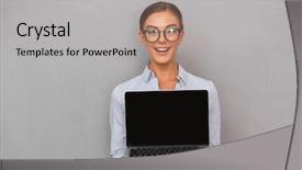  Presentation with laptop blank screen - Amazing theme having businesswoman standing over gray background backdrop and a  colored foreground