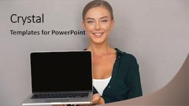  Presentation with laptop blank screen - PPT layouts with businesswoman standing over gray background background and a  colored foreground