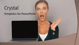  Presentation with laptop blank screen - Colorful slide deck enhanced with businesswoman standing over gray background backdrop and a  colored foreground