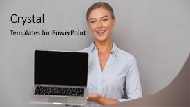 Presentation with laptop blank screen - Slides having businesswoman standing over gray background background and a  colored foreground