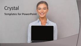  Presentation with laptop blank screen - PPT layouts featuring businesswoman standing over gray background background and a  colored foreground
