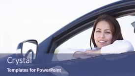  Presentation with sports car - Amazing slide set having businesswoman standing smiling inside of a sports car backdrop and a ocean colored foreground