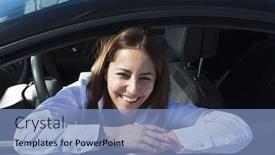  Presentation with sports car - Slide deck featuring businesswoman standing smiling inside of a sports car background and a teal colored foreground