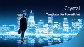  Presentation with city night - Cool new slide set with businesswoman standing with back against night city panoramic view backdrop and a navy blue colored foreground