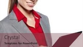  Presentation with electronic - Theme enhanced with businesswoman standing with electronic pad background and a tawny brown colored foreground