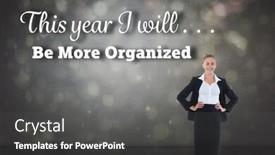  Presentation with black light - Colorful slide deck enhanced with businesswoman standing with hands on hips against black abstract light spot design backdrop and a dark gray colored foreground