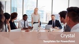  Presentation with board meeting - Slides having businesswoman stands to address meeting background and a coral colored foreground