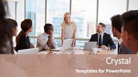  Presentation with board meeting - Amazing PPT theme having businesswoman stands to address meeting backdrop and a coral colored foreground