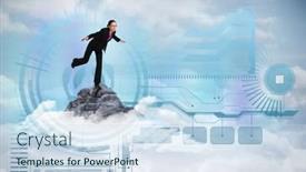  Presentation with stepping - Audience pleasing presentation consisting of businesswoman stepping and balancing against mountain peak through the clouds backdrop and a sky blue colored foreground