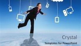  Presentation with stepping - Amazing slides having businesswoman stepping and balancing against mountain peak through the clouds backdrop and a light blue colored foreground