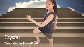  Presentation with stepping - Slide set having businesswoman stepping up against steps against blue sky background and a coral colored foreground