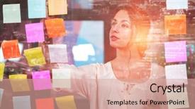  Presentation with illuminated - Cool new PPT theme with businesswoman sticking adhesive note backdrop and a coral colored foreground