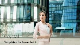  Presentation with female leader - PPT theme consisting of businesswoman-successful-woman-business-person background and a soft green colored foreground