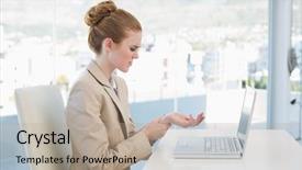  Presentation with pain - Slide deck featuring businesswoman suffering from wrist pain background and a mint green colored foreground