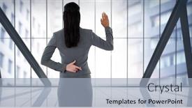 Presentation with honesty - Cool new slides with businesswoman swearing honesty with hand and fingers crossed behind back in city office backdrop and a light blue colored foreground