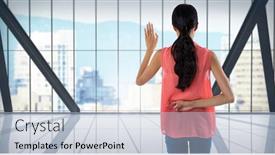  Presentation with honesty - PPT layouts having businesswoman swearing honesty with hand and crossing fingers in city office background and a light blue colored foreground