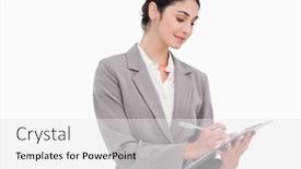  Presentation with taking notes - PPT layouts enhanced with businesswoman taking notes against a white background background and a white colored foreground