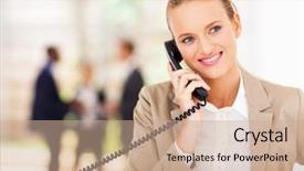  Presentation with talking on phone - PPT theme having businesswoman talking on landline phone background and a coral colored foreground