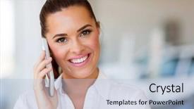  Presentation with mobile phone and germs - PPT theme enhanced with businesswoman talking on mobile phone background and a light blue colored foreground