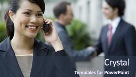 Presentation with phone meeting - Slide deck featuring businesswoman talking on phone with two men meeting in background background and a tawny brown colored foreground