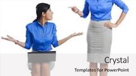  Presentation with clone - Slide deck enhanced with businesswoman-talking-to-her-clone background and a light gray colored foreground