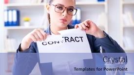  Presentation with contract and law - Cool new theme with businesswoman tearing apart her contract backdrop and a light blue colored foreground