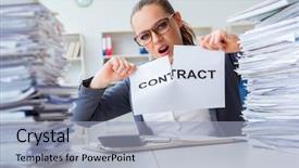  Presentation with contract - Colorful slide deck enhanced with businesswoman tearing apart her contract backdrop and a light blue colored foreground