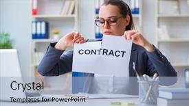  Presentation with termination of the contract - Theme with businesswoman tearing apart her contract background and a light blue colored foreground