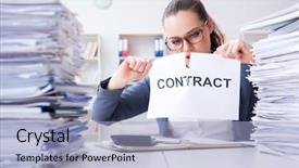  Presentation with contract - Audience pleasing slides consisting of businesswoman tearing apart her contract backdrop and a light blue colored foreground