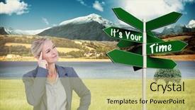  Presentation with road signs - Cool new PPT layouts with businesswoman thinking with finger on head against green arrow signs by road backdrop and a yellow colored foreground