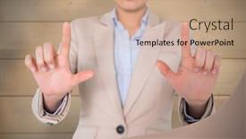  Presentation with bleached - Slide set consisting of businesswoman touching against bleached wooden planks background background and a coral colored foreground
