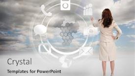  Presentation with blue sky - Colorful slide deck enhanced with businesswoman-touching-at-a-hologram backdrop and a light gray colored foreground