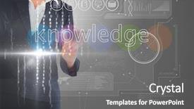  Presentation with knowledge - Presentation design with businesswoman touching the word knowledge on interface against grey vignette background and a gray colored foreground