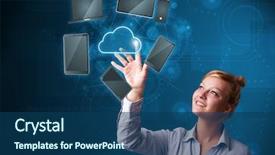  Presentation with high technology - Cool new PPT theme with businesswoman touchning high technology cloud backdrop and a ocean colored foreground