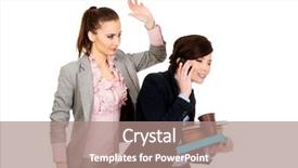  Presentation with attention - Colorful presentation design enhanced with businesswoman try to get attention from her busy partner backdrop and a coral colored foreground