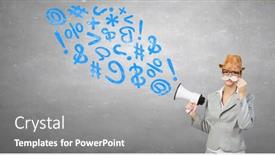  Presentation with paper - Beautiful PPT layouts featuring businesswoman-trying-paper-mustache backdrop and a gray colored foreground