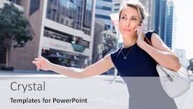  Presentation with taxi - Slide set having businesswoman trying to catch a taxi in business cuty district background and a lemonade colored foreground