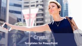  Presentation with taxi - Slide set with businesswoman trying to catch a taxi in business cuty district background and a ocean colored foreground