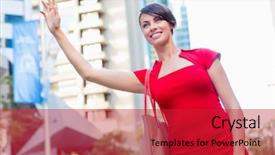  Presentation with taxi - PPT theme featuring businesswoman trying to catch a taxi in business city district background and a red colored foreground